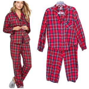 Victoria’s Secret Dream Red Navy Plaid Flannel Set Pajama Women Size Medium 2pc